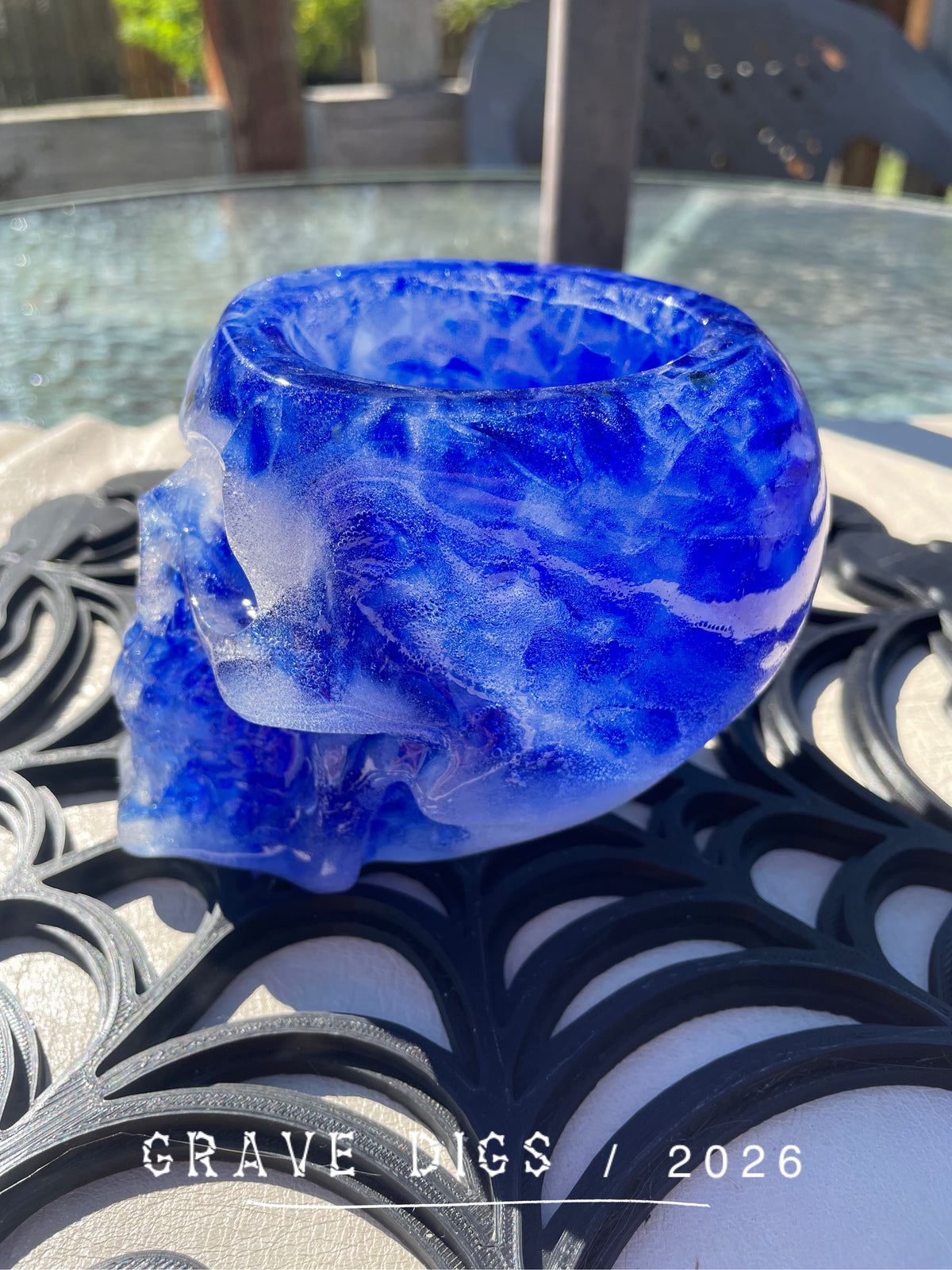 Blue Broken Glass and Epoxy Resin Skull Planter
