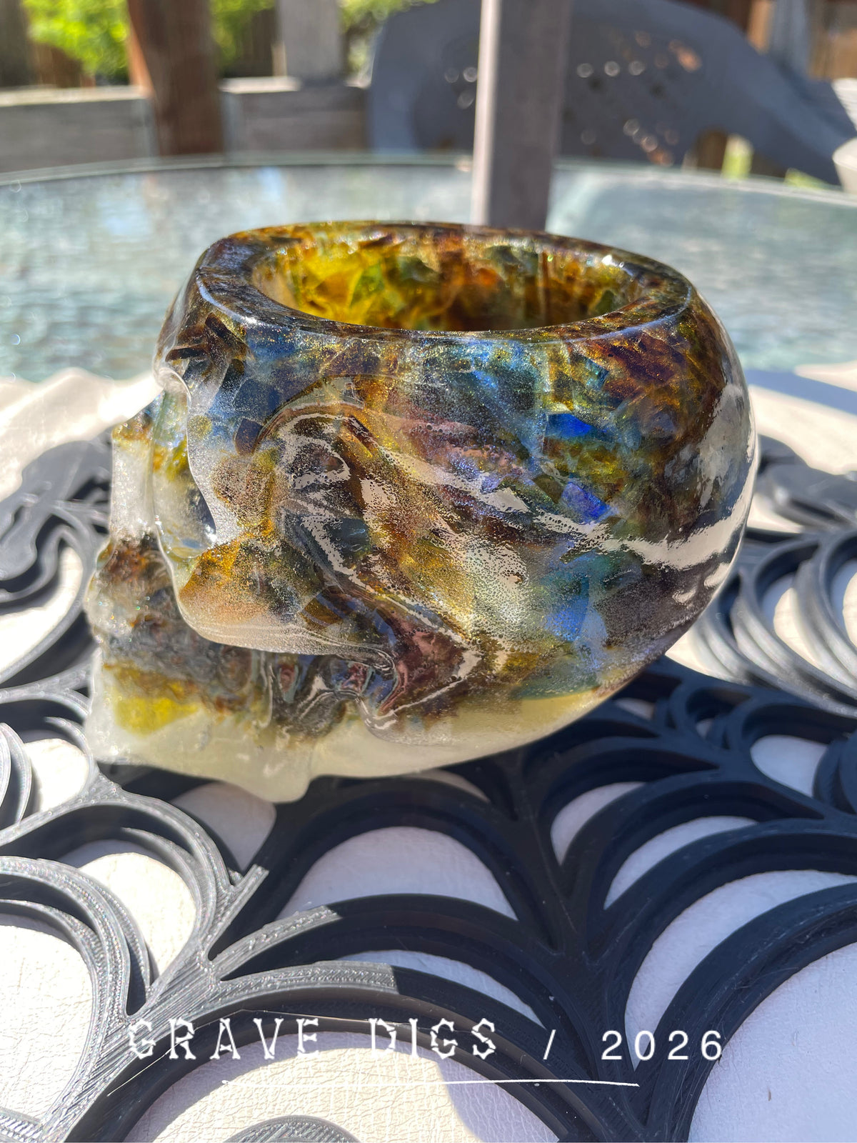 Brown Green and Blue Broken Glass and Epoxy Resin Skull Planter