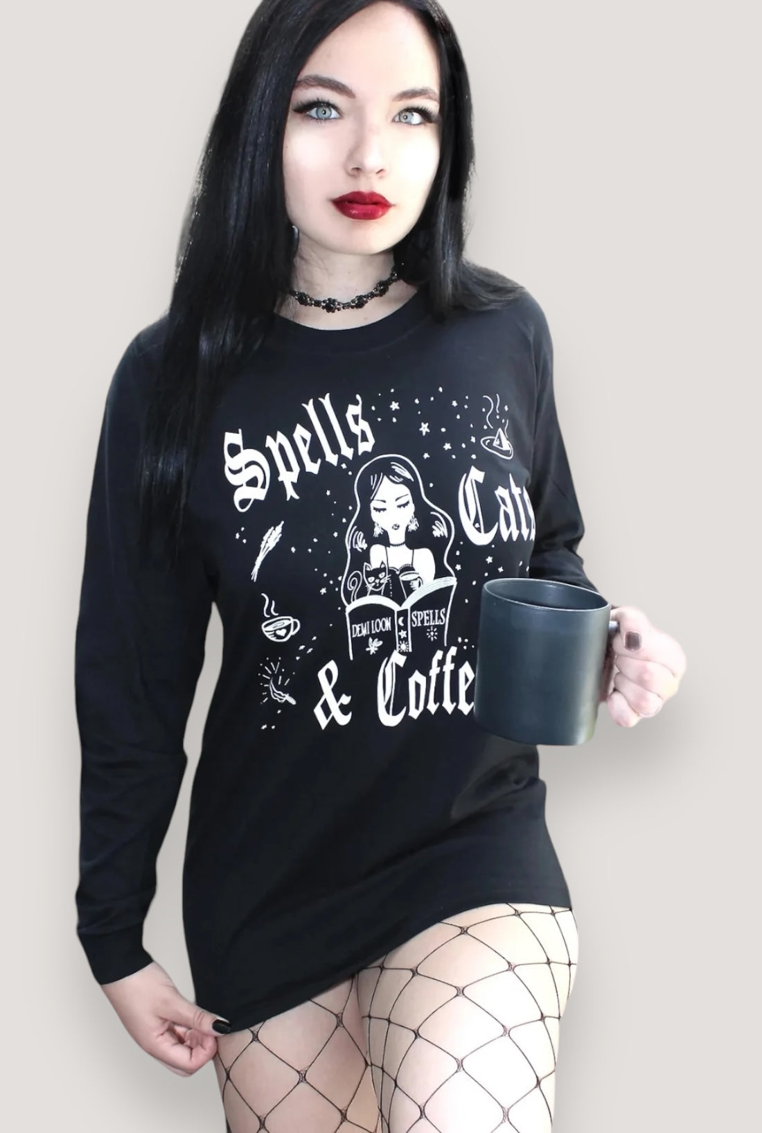 Spells Cats & Coffee Long Sleeve Boyfriend LS Tee- Black