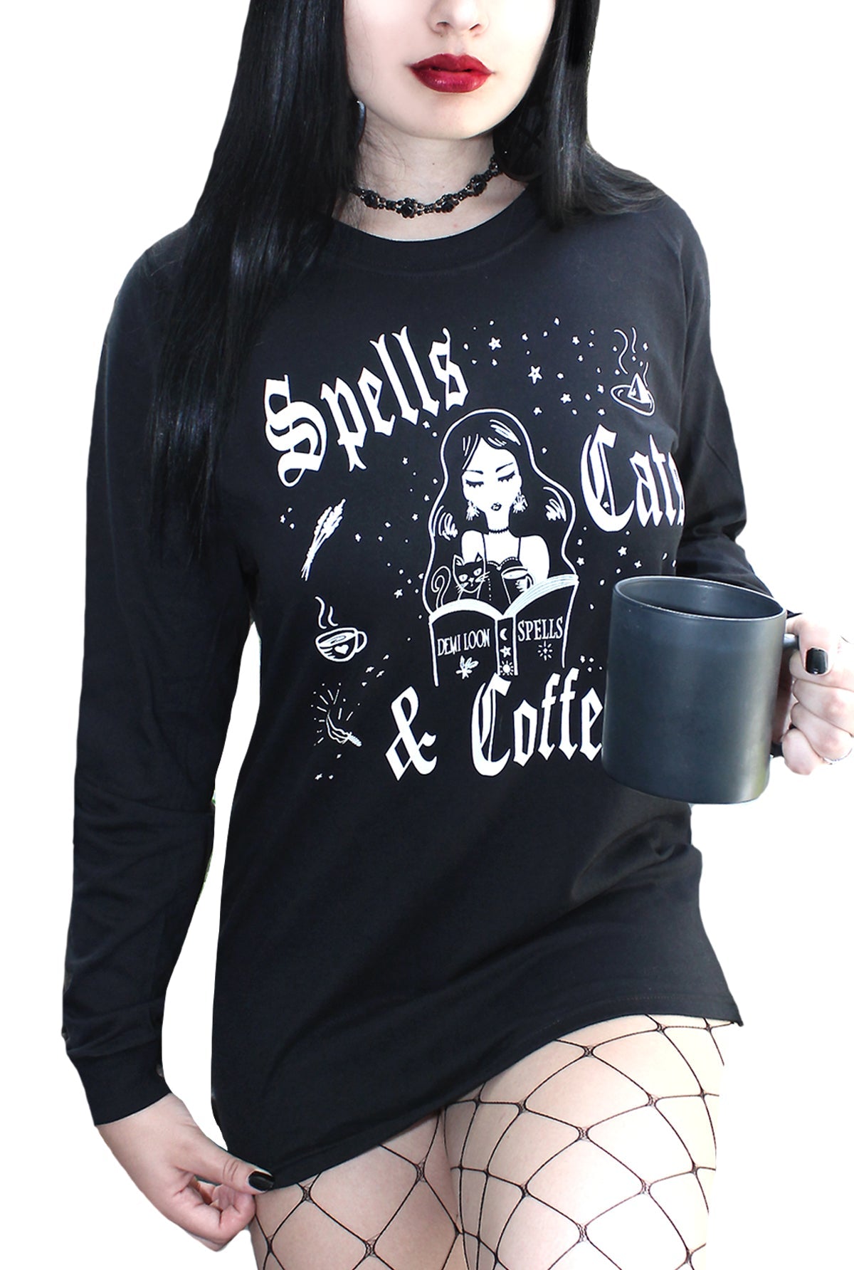 Spells Cats & Coffee Long Sleeve Boyfriend LS Tee- Black