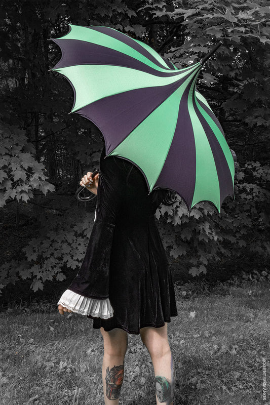 Batwing Pagoda Umbrella BLACK and GREEN STRIPED