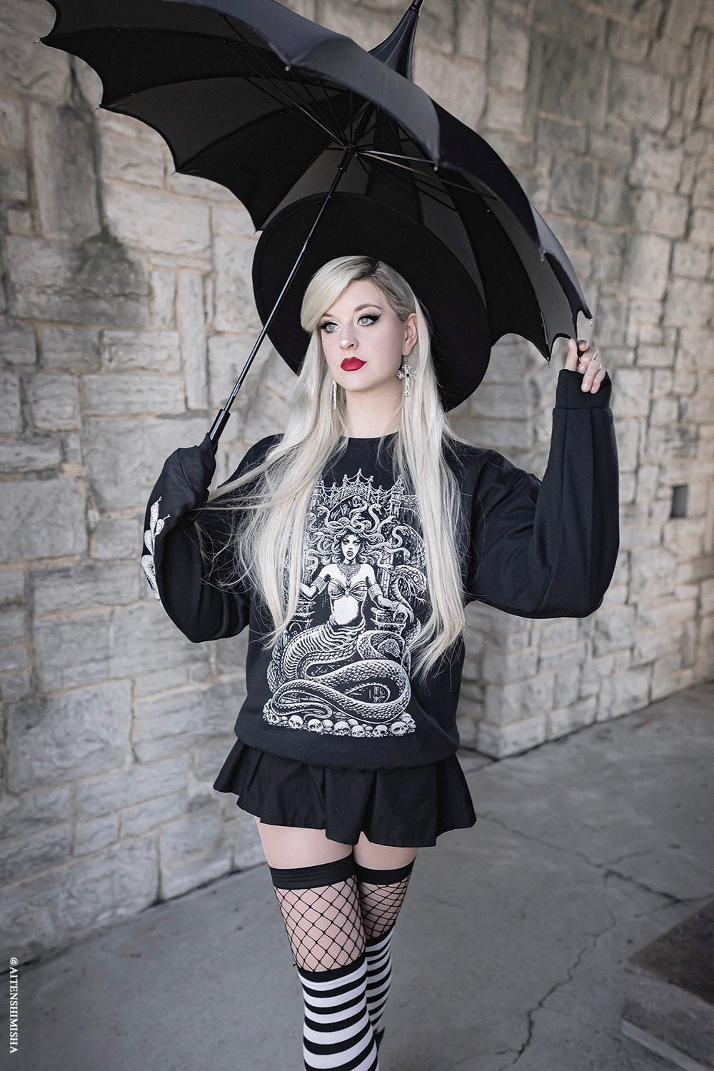 Batwing Pagoda Umbrella BLACK and GRAY STRIPED