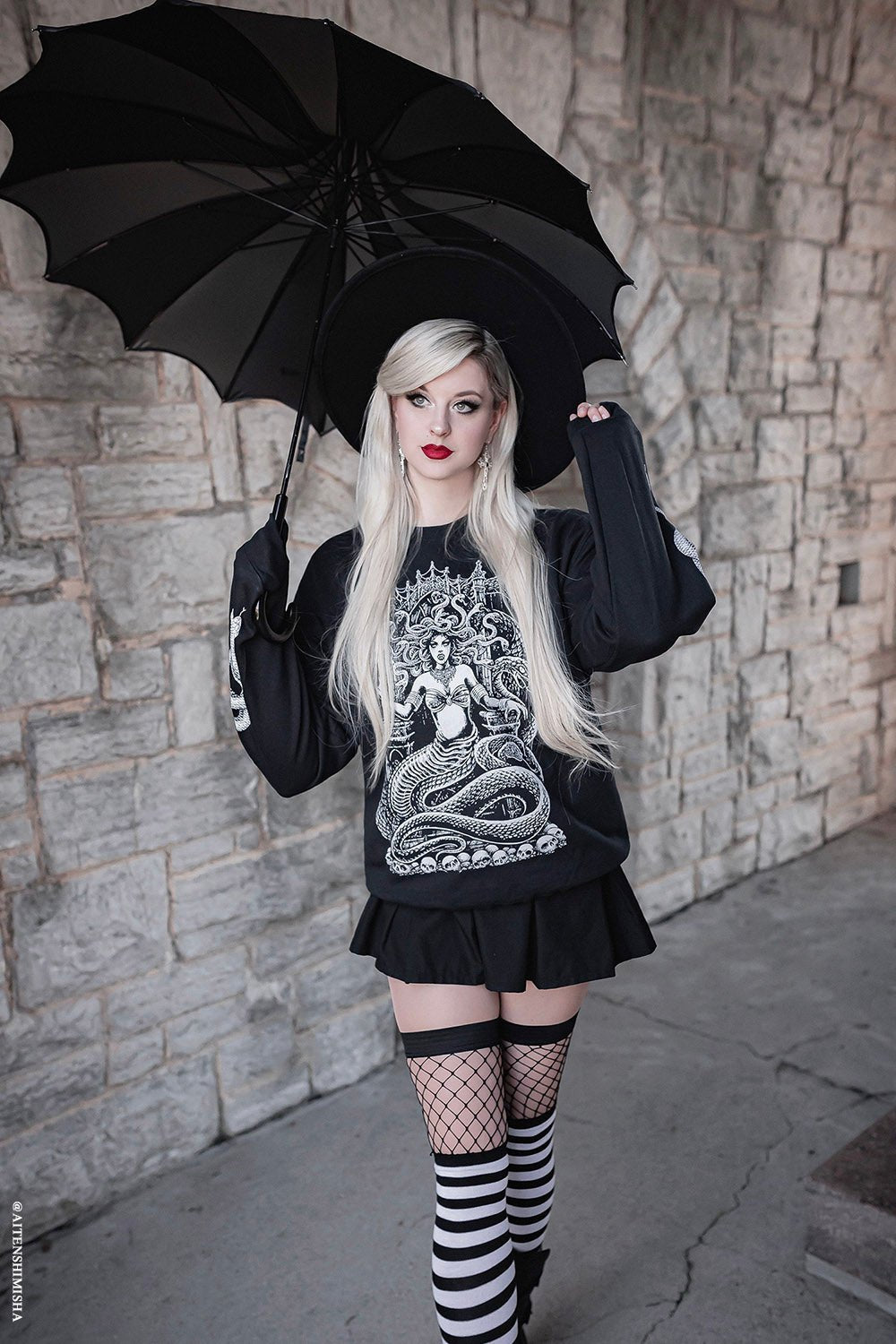 Batwing Pagoda Umbrella BLACK and GRAY STRIPED