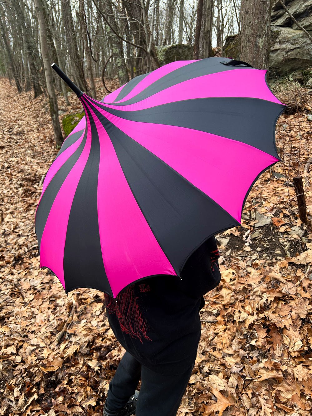 Batwing Pagoda Umbrella BLACK and HOT PINK STRIPED