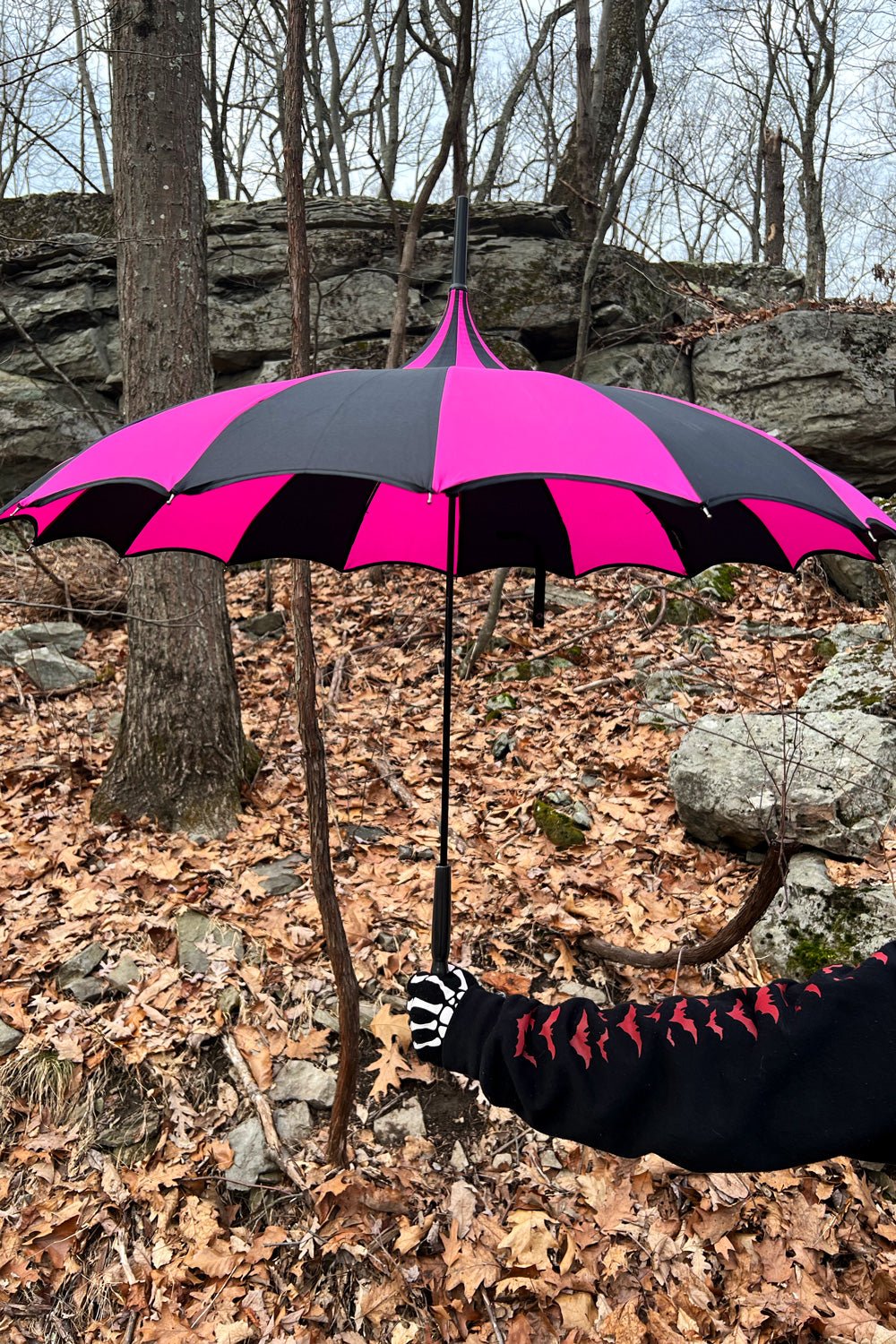Batwing Pagoda Umbrella BLACK and HOT PINK STRIPED