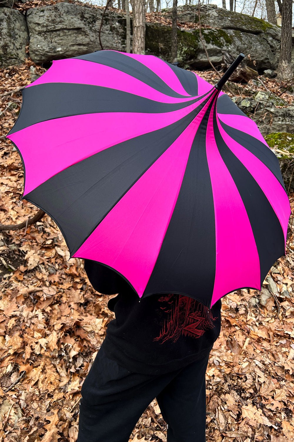 Batwing Pagoda Umbrella BLACK and HOT PINK STRIPED