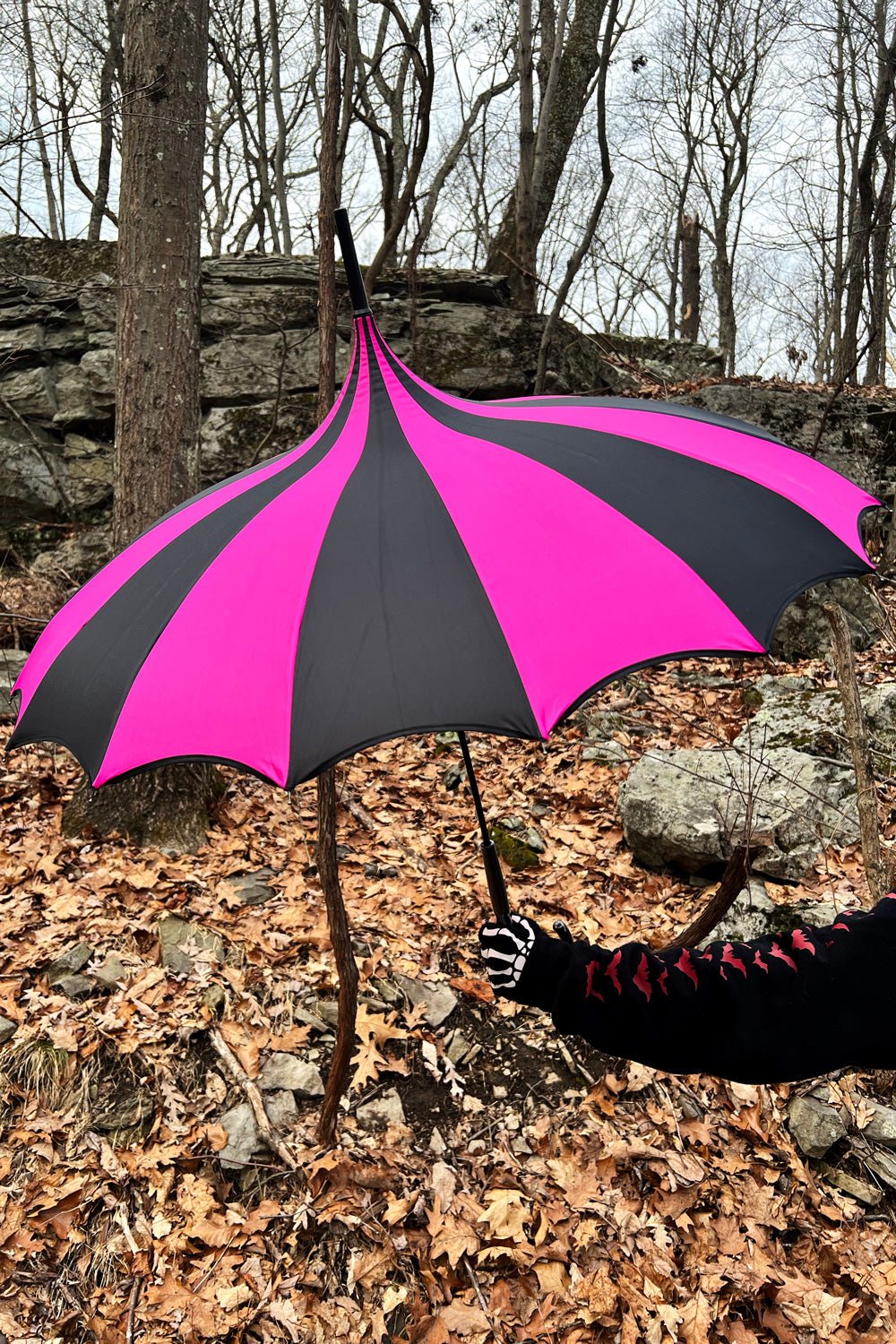Batwing Pagoda Umbrella BLACK and HOT PINK STRIPED