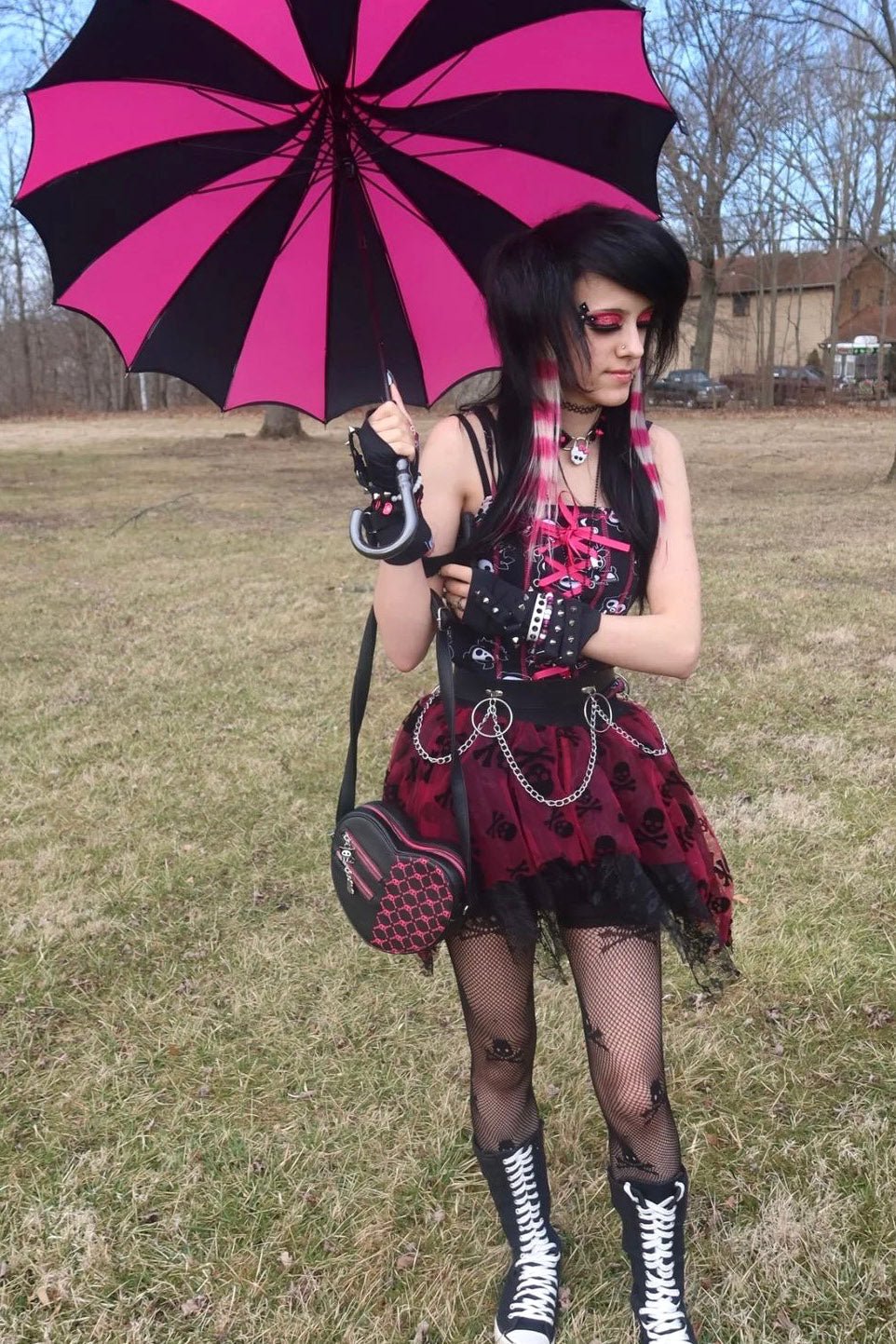 Batwing Pagoda Umbrella BLACK and HOT PINK STRIPED