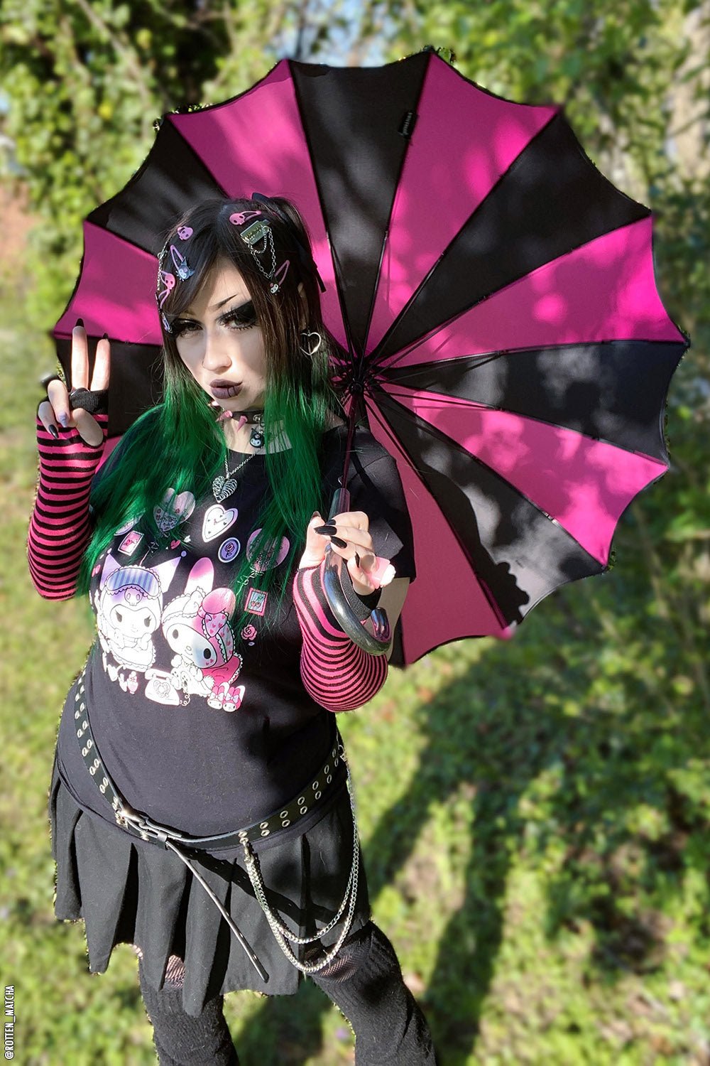 Batwing Pagoda Umbrella BLACK and HOT PINK STRIPED