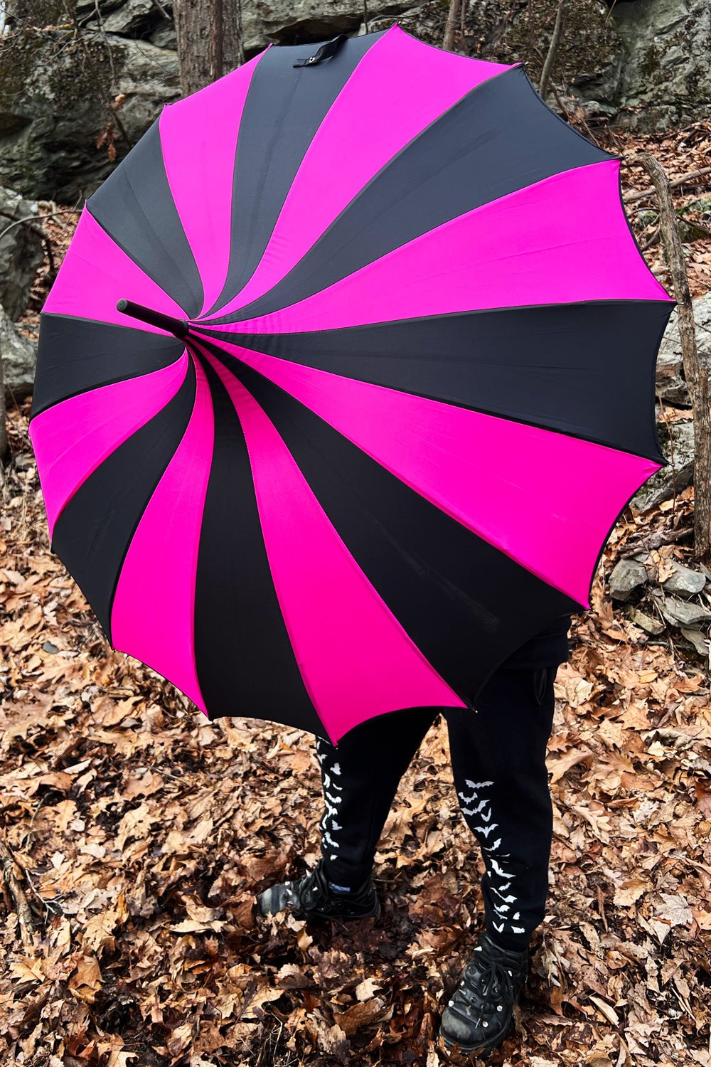 Batwing Pagoda Umbrella BLACK and HOT PINK STRIPED