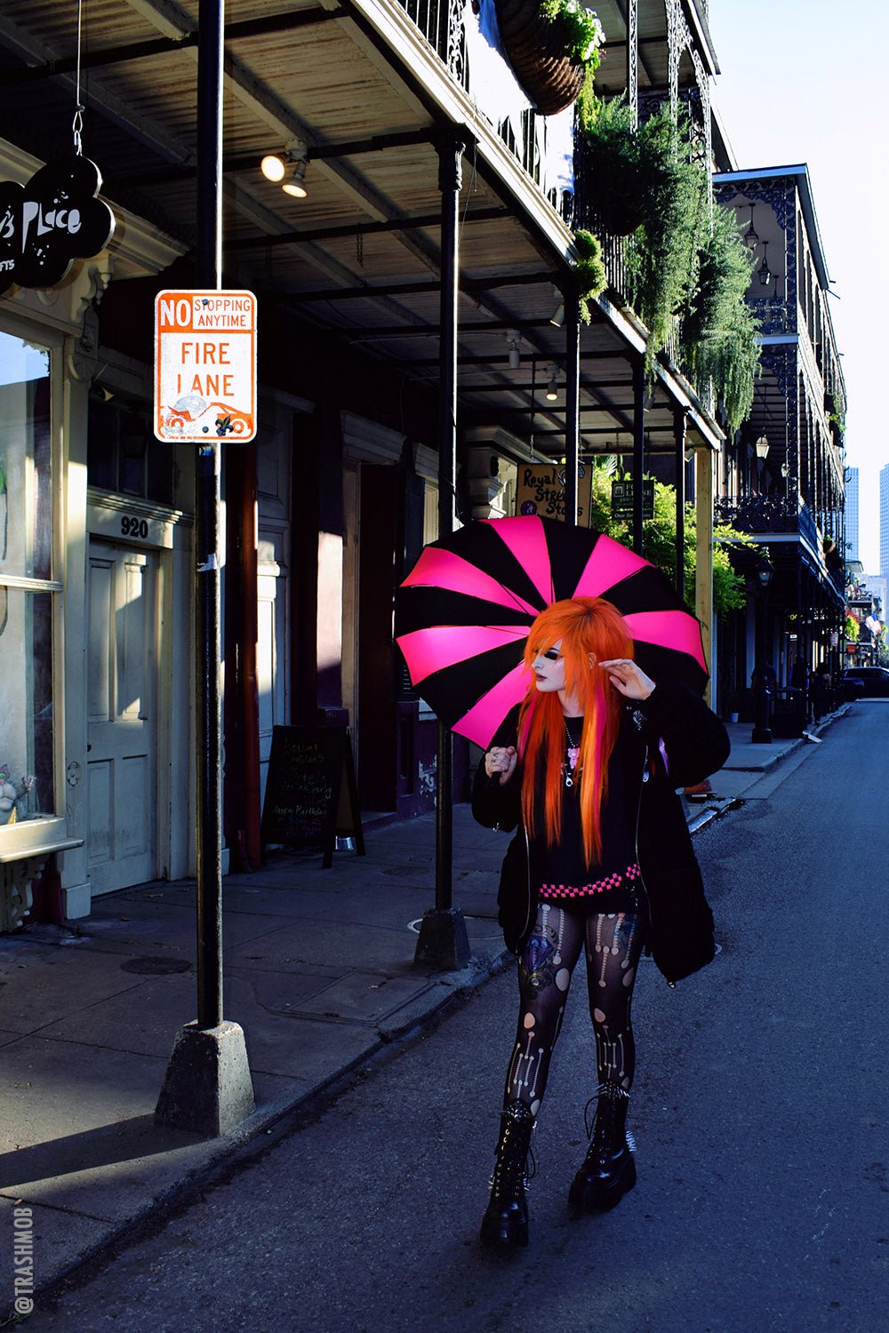 Batwing Pagoda Umbrella BLACK and HOT PINK STRIPED