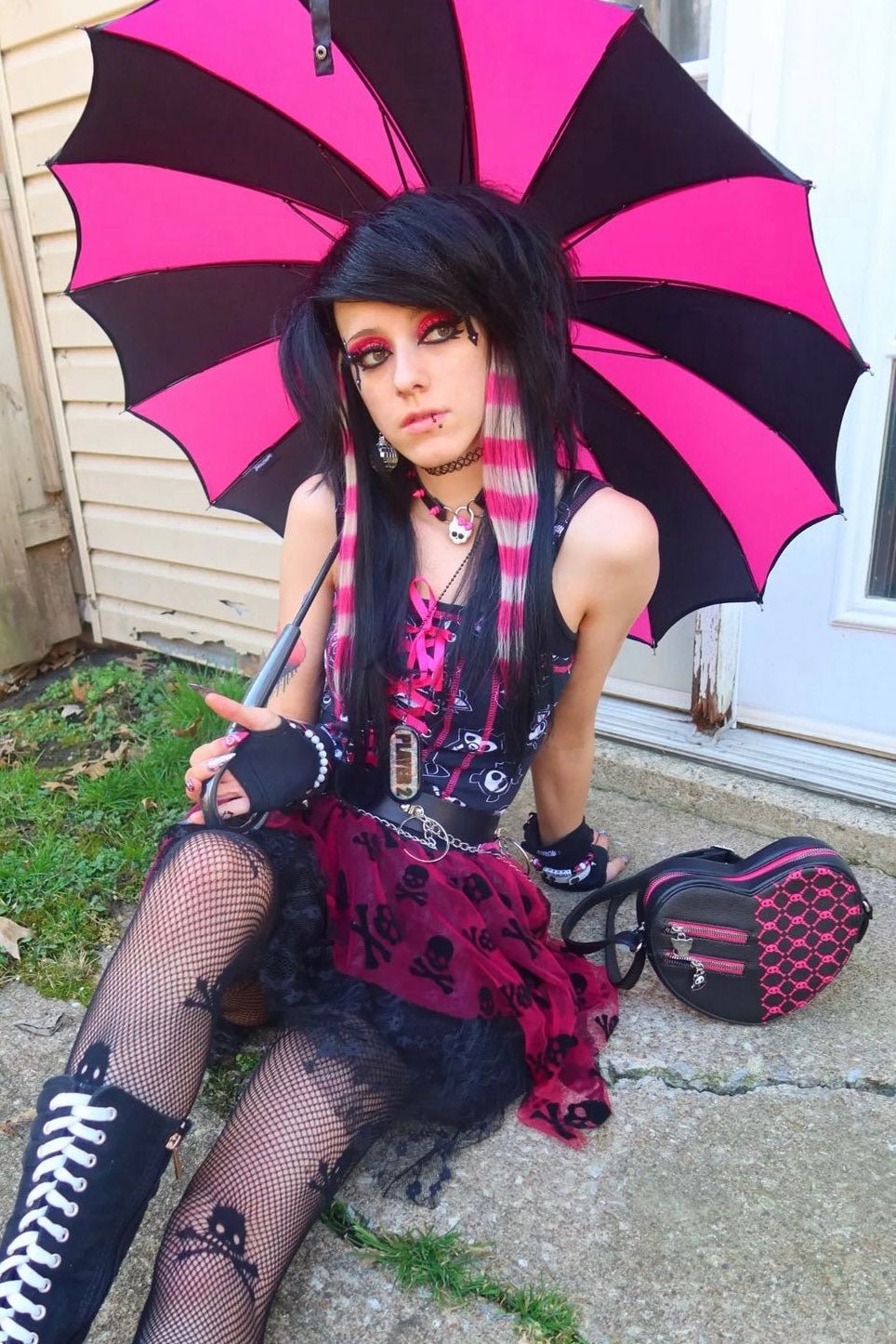 Batwing Pagoda Umbrella BLACK and HOT PINK STRIPED