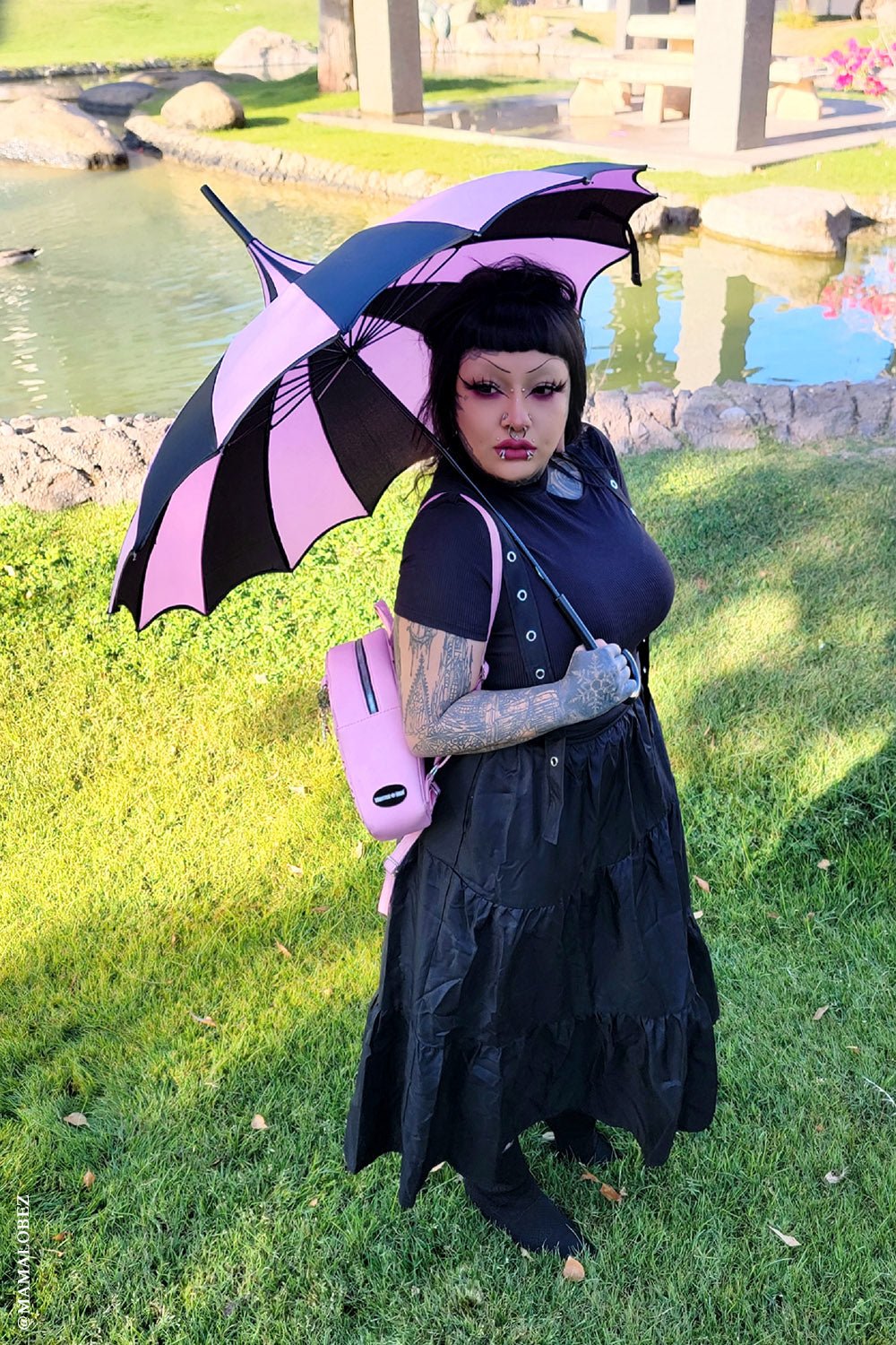 Batwing Pagoda Umbrella BLACK and PASTEL PINK STRIPED
