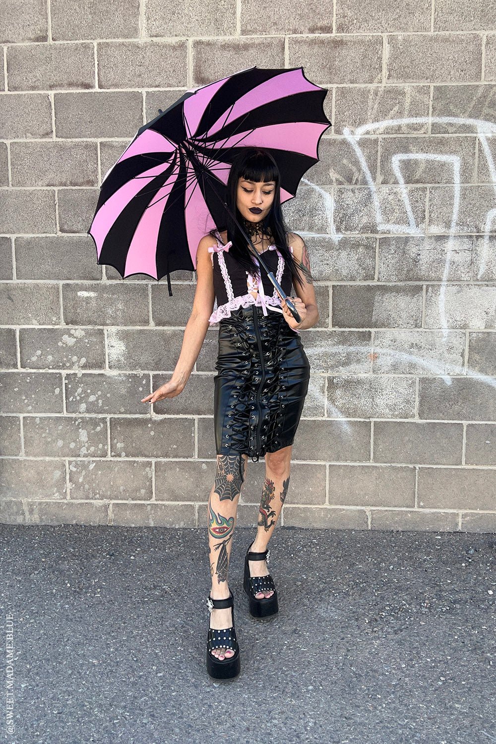 Batwing Pagoda Umbrella BLACK and PASTEL PINK STRIPED