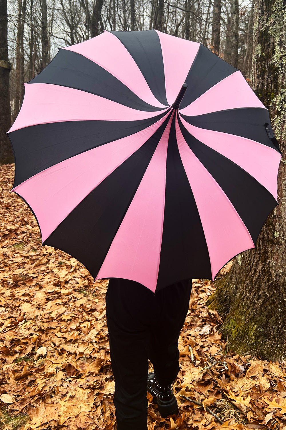 Batwing Pagoda Umbrella BLACK and PASTEL PINK STRIPED