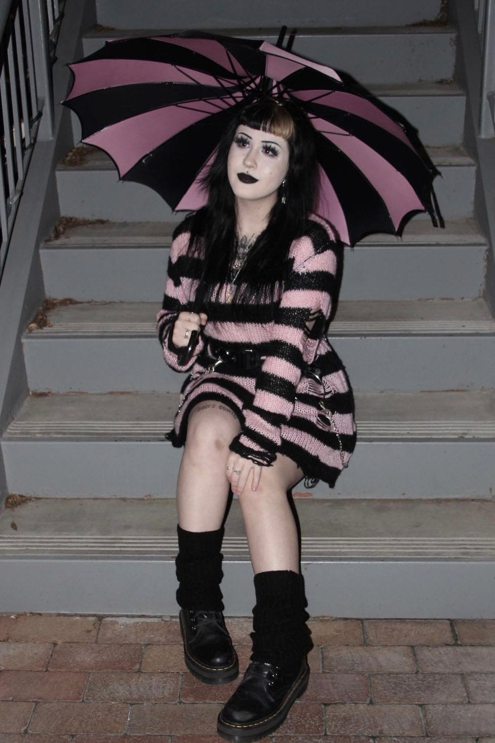 Batwing Pagoda Umbrella BLACK and PASTEL PINK STRIPED