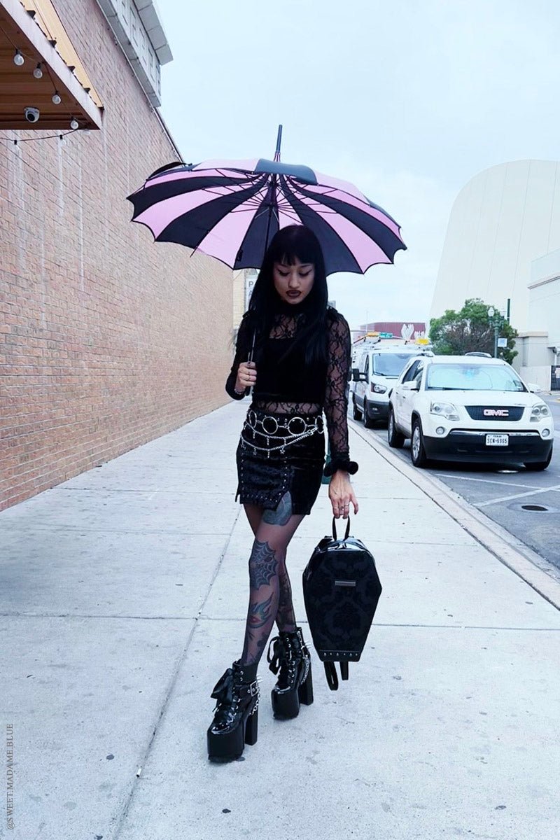 Batwing Pagoda Umbrella BLACK and PASTEL PINK STRIPED