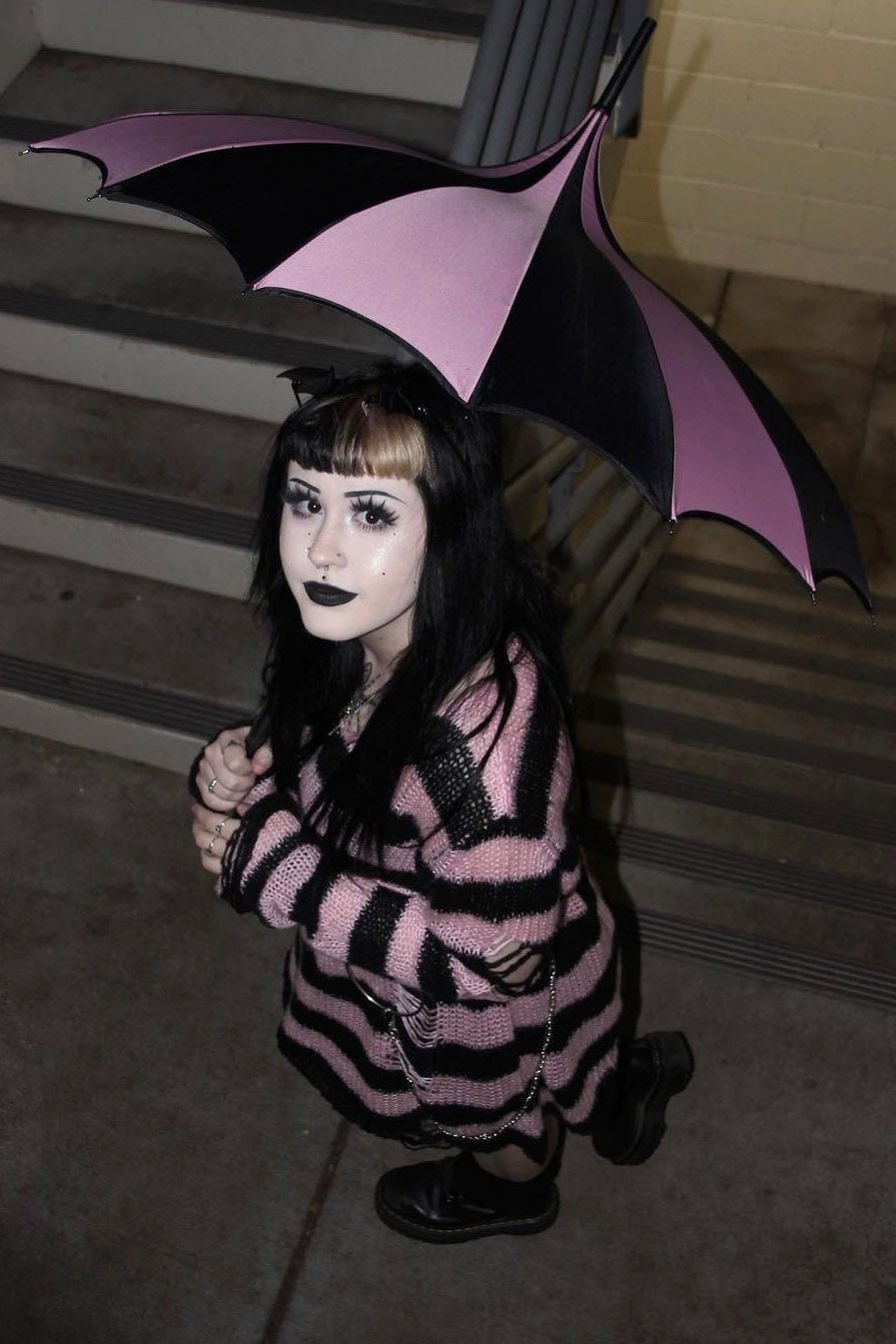 Batwing Pagoda Umbrella BLACK and PASTEL PINK STRIPED