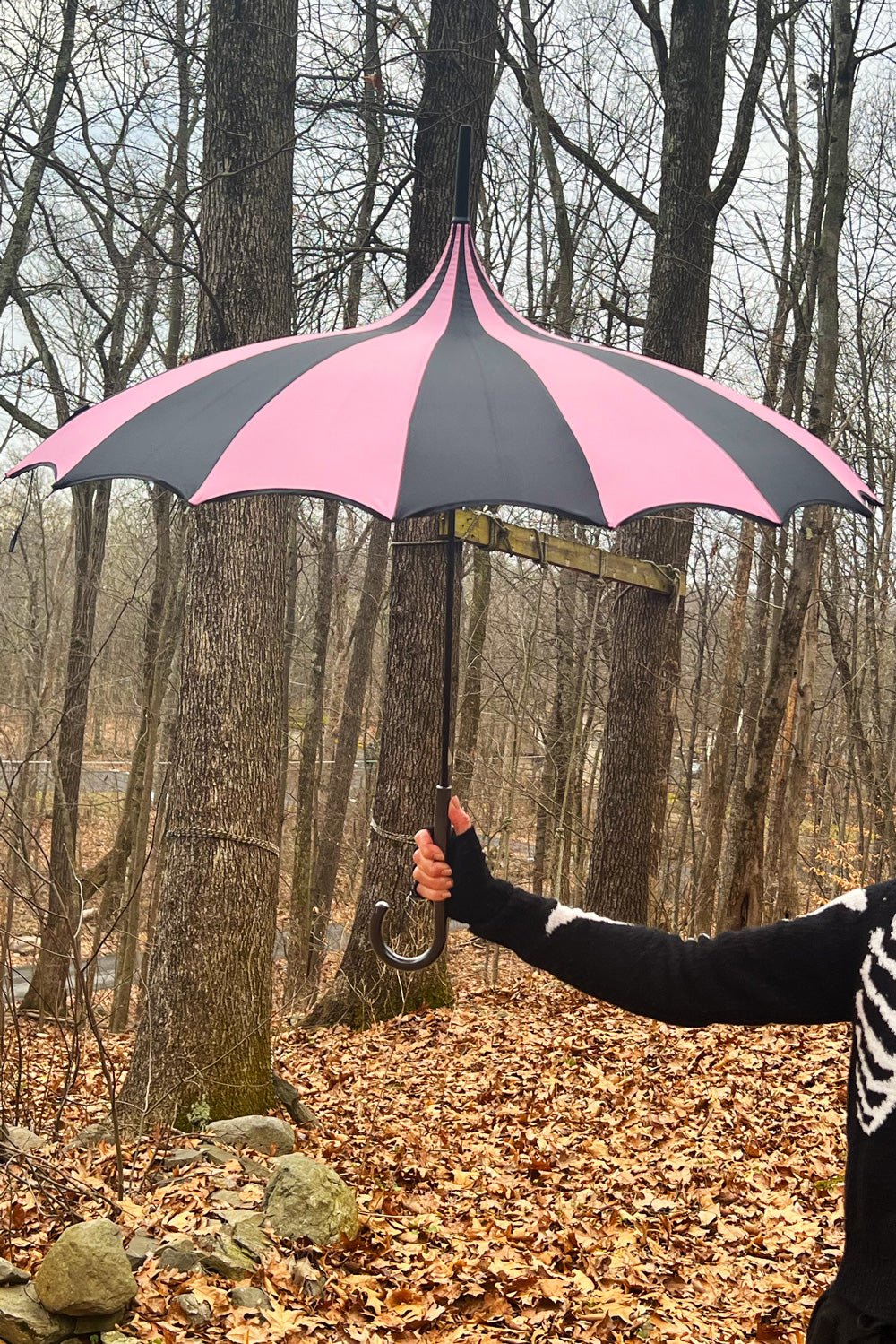 Batwing Pagoda Umbrella BLACK and PASTEL PINK STRIPED