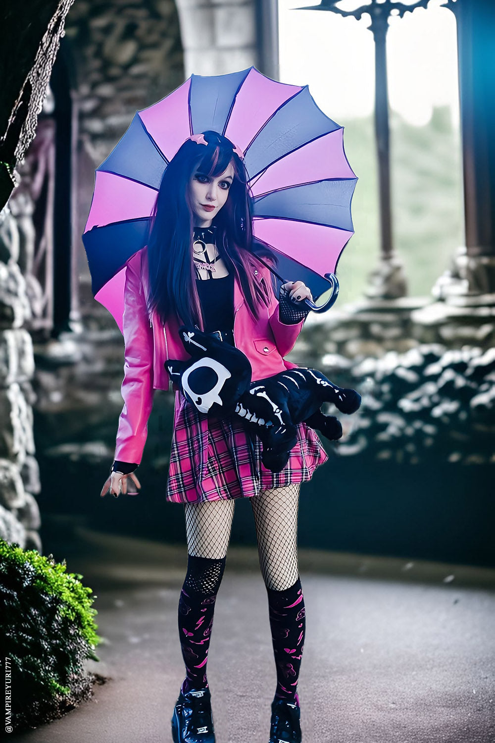Batwing Pagoda Umbrella BLACK and HOT PINK STRIPED