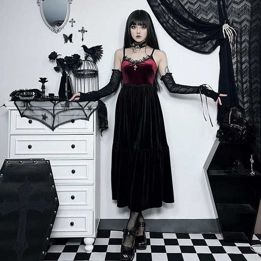 Gothic Two-tone Lace Velvet Slip Dress