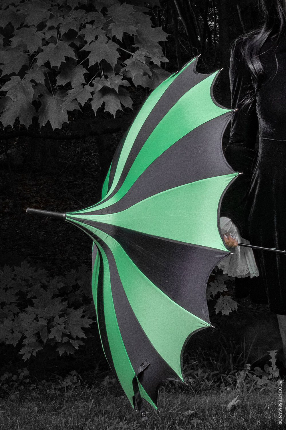 Batwing Pagoda Umbrella BLACK and GREEN STRIPED