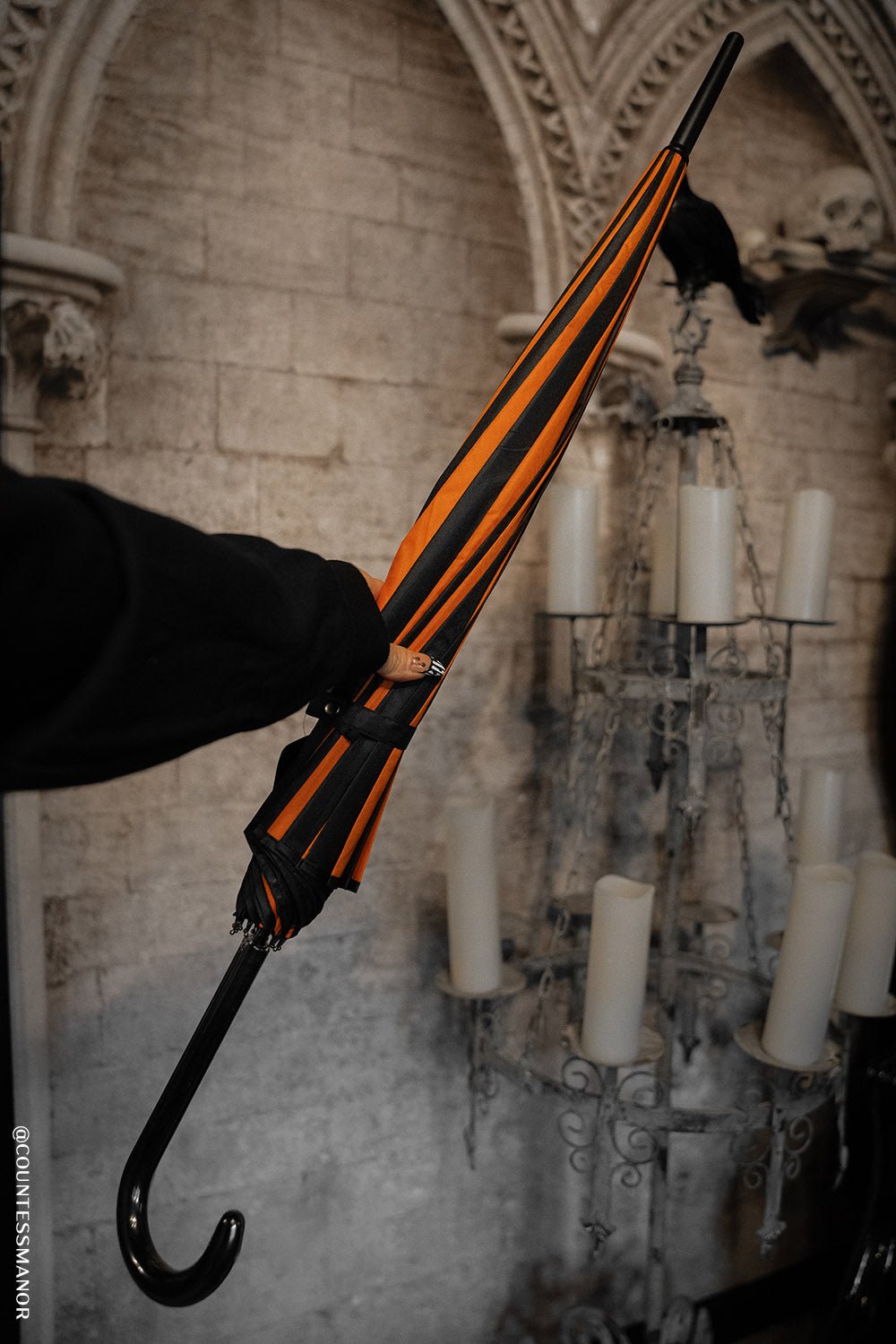 Halloween Batwing Pagoda Umbrella BLACK and ORANGE STRIPED