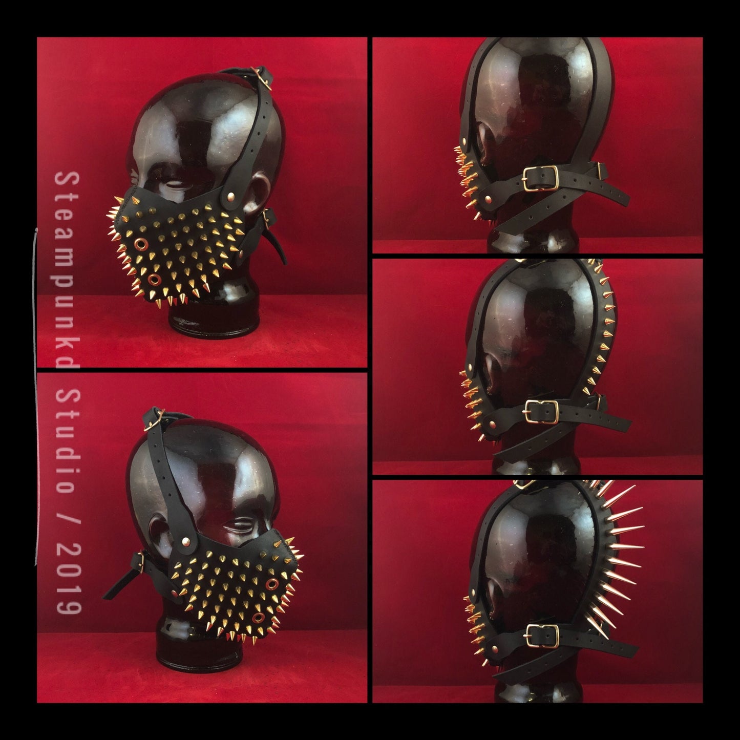 Handmade Black Leather Gold Super Spiked Half Mask