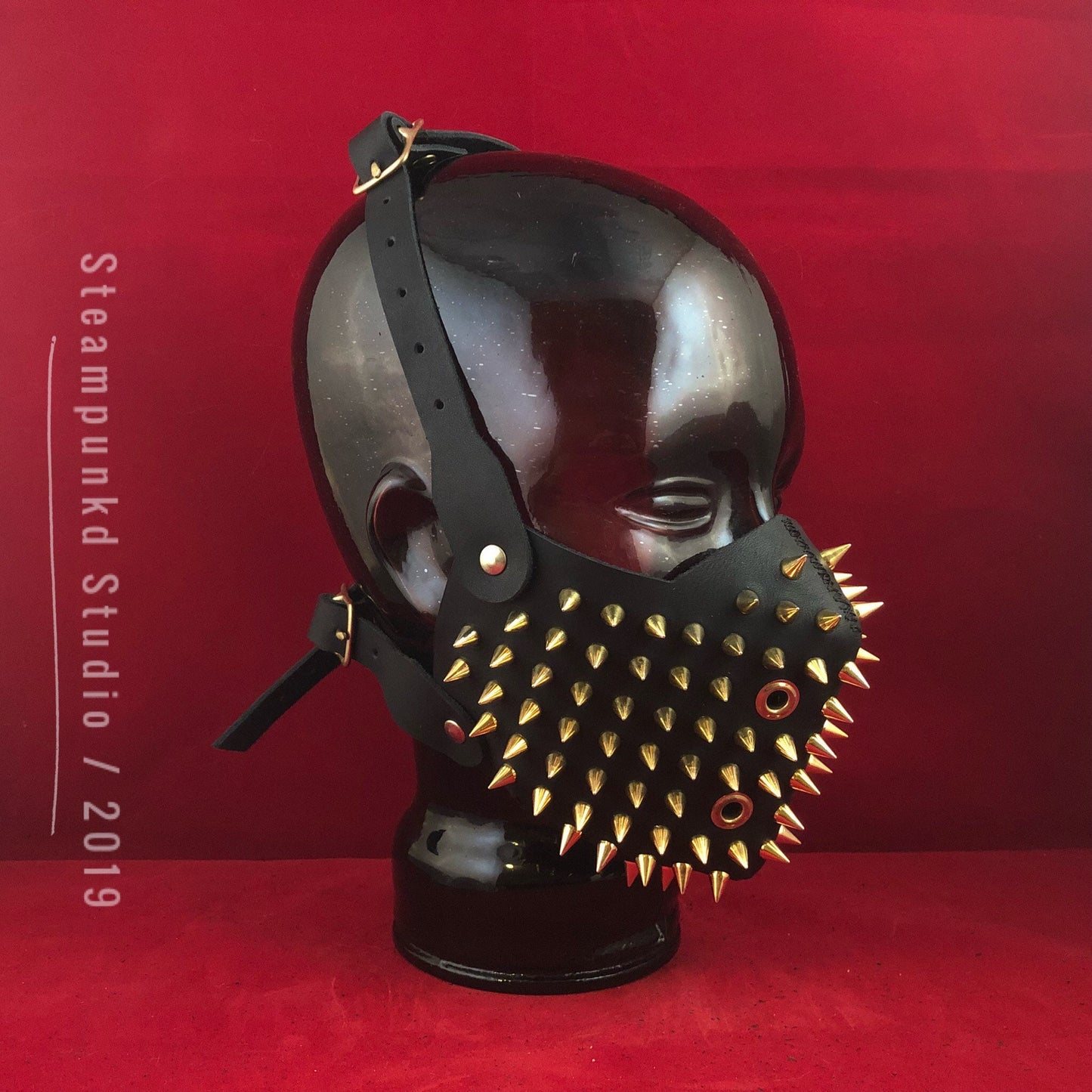 Handmade Black Leather Gold Super Spiked Half Mask