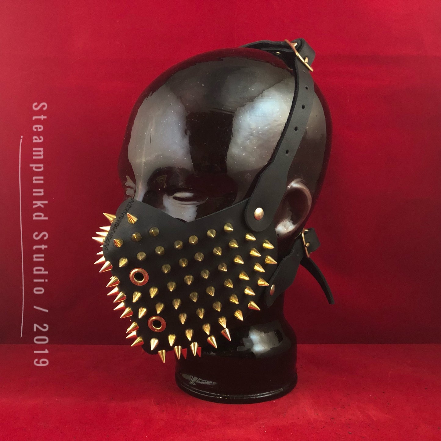 Handmade Black Leather Gold Super Spiked Half Mask