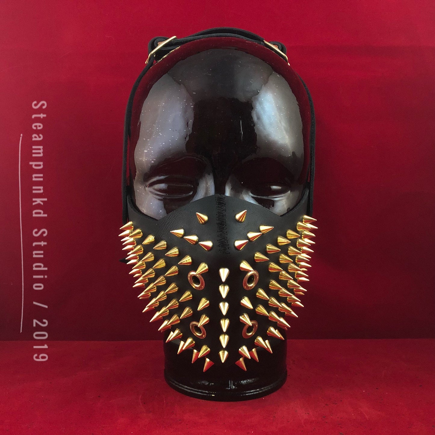 Handmade Black Leather Gold Super Spiked Half Mask