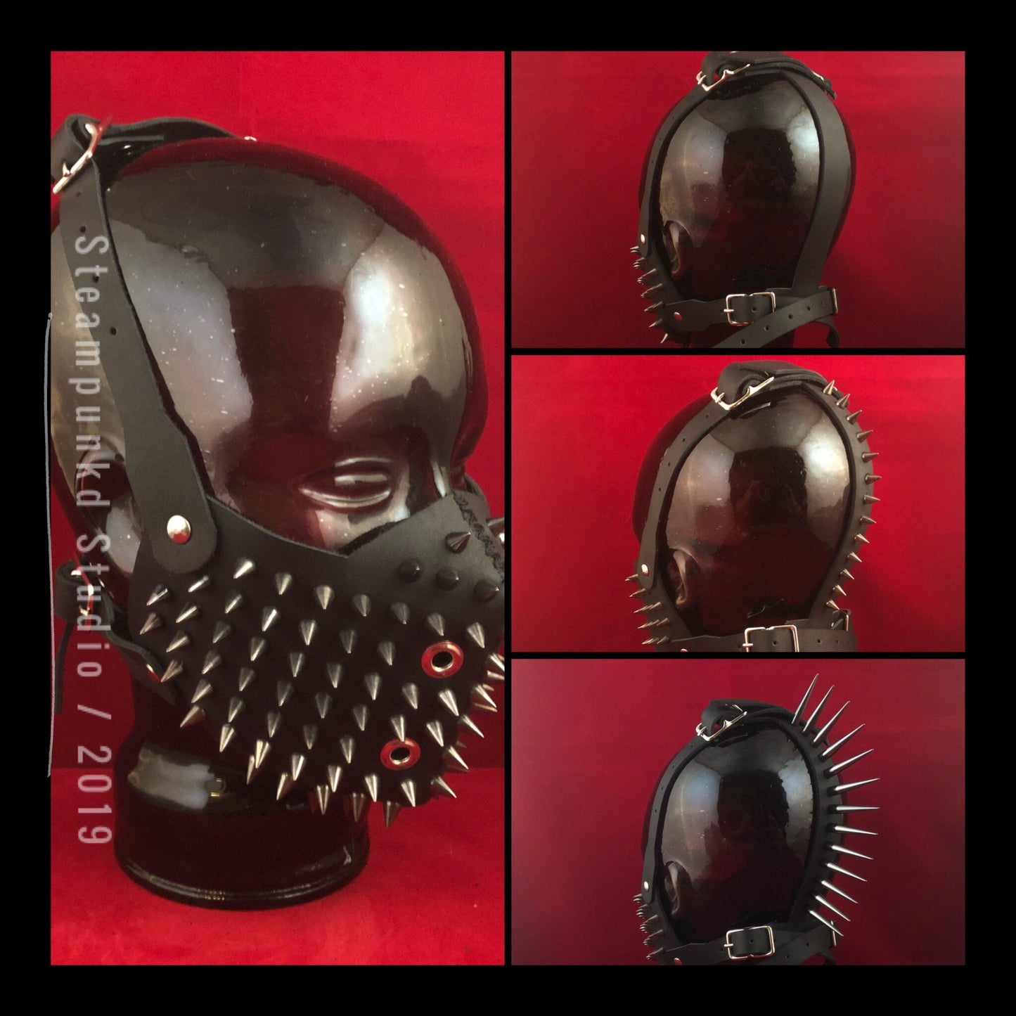 Handmade Black Leather Gunmetal Black Super Spiked Half Mask