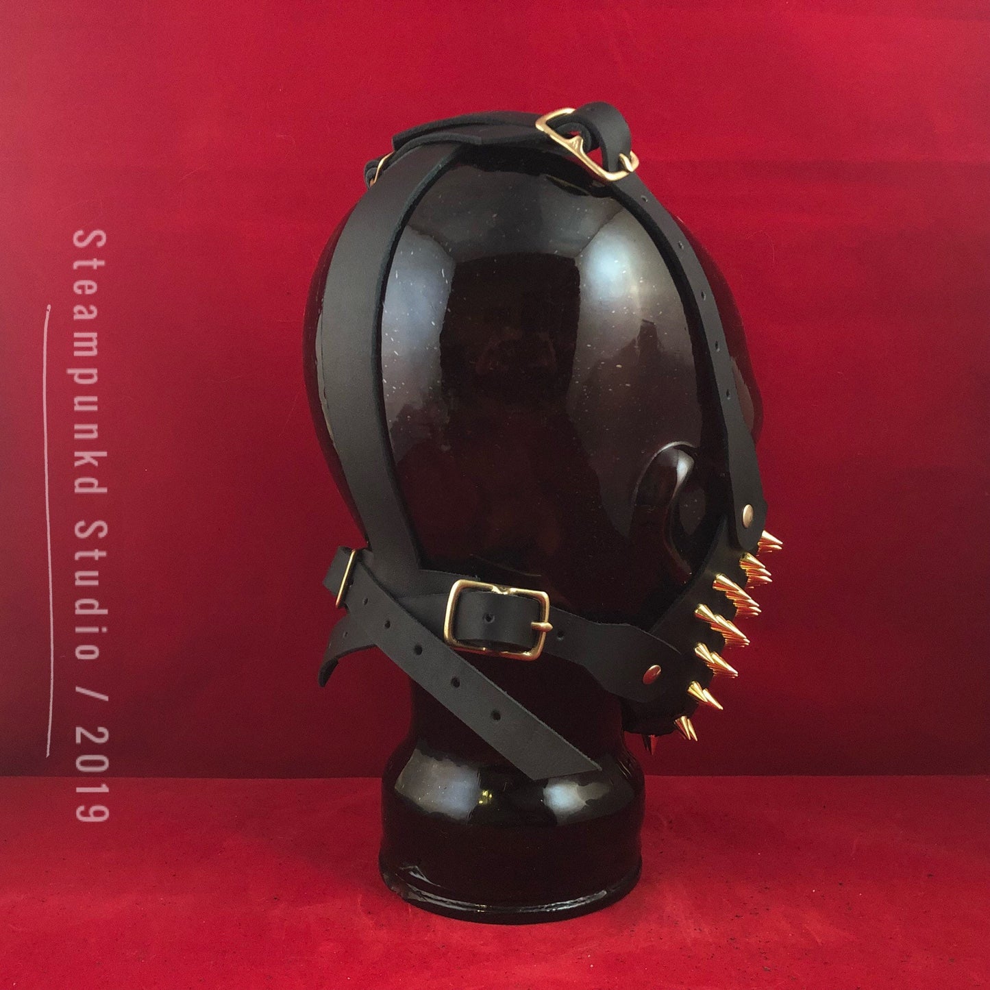 Handmade Black Leather Gold Super Spiked Half Mask