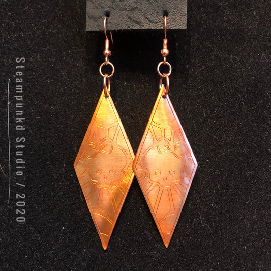 Girly Skull Engraved Earrings | Handmade Diamond Shaped | 7th Anniversary Gift