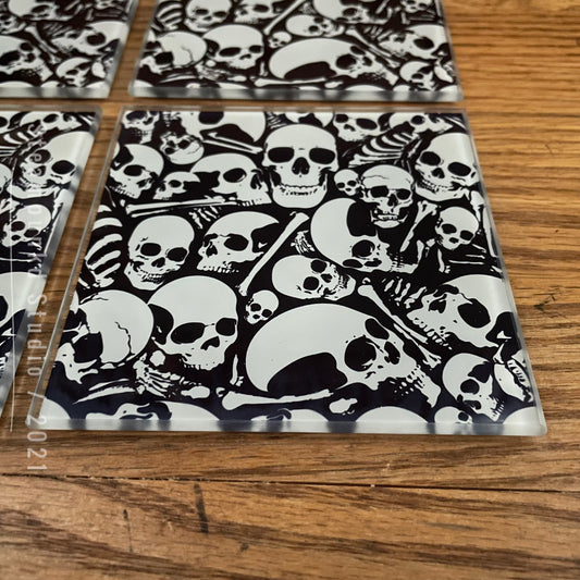 Tempered Glass Skull n Bones Coasters Set of 4 | Ossuary Gothic Punk Home Decor