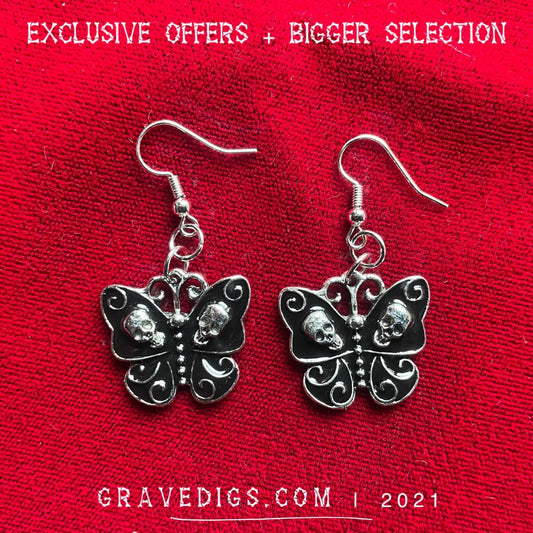 Butterfly Skull Earrings | Death Moth | Gothic Horror Fantasy Halloween