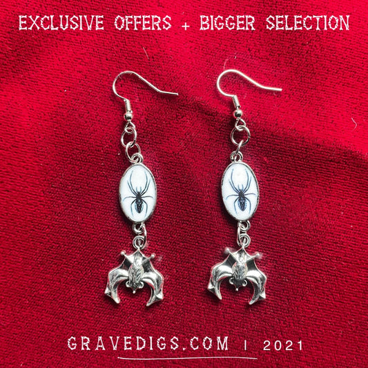 Spider and Hanging Bat Earrings | Gothic Horror Fantasy Halloween