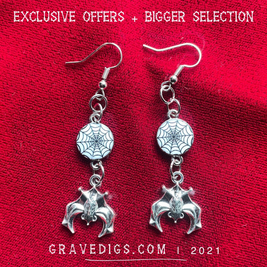 Spider Web Hanging Bat Earrings | Gothic Horror Fantasy Halloween