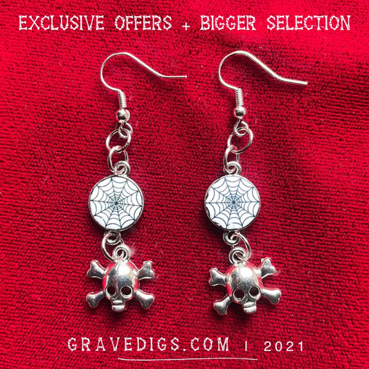Skull & Bones Spider Web Earrings | Gothic Horror Fantasy Halloween