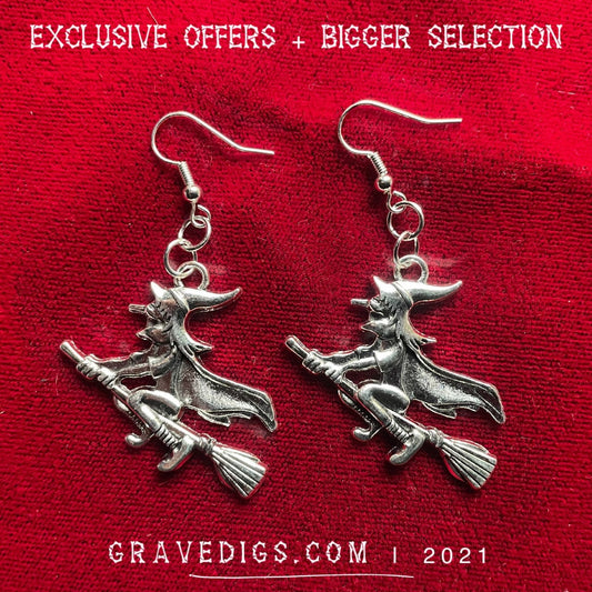 Flying Witch on a Broom Earrings | Gothic Horror Fantasy Halloween