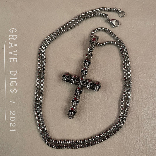 Cross of Skulls Pendant Necklace | Silver or Black Chain | Gothic Fashion Jewelry
