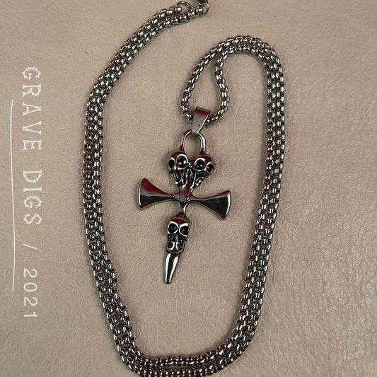 Cross with Skulls Pendant Necklace | Silver or Black Chain | Gothic Fashion Jewelry