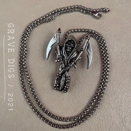 Grim Reaper Double Scythe Pendant Necklace | Silver or Black Chain | Gothic Fashion Jewelry