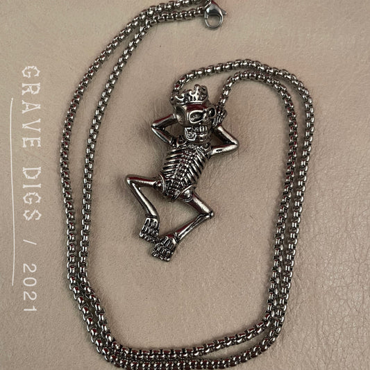 Chillin Skeleton King Pendant Necklace | Silver or Black Chain | Gothic Fashion Jewelry