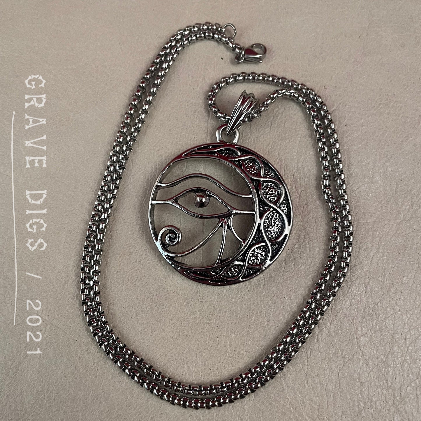 Eye of Ra Crescent Moon Pendant Necklace | Silver or Black Chain | Gothic Fashion Jewelry