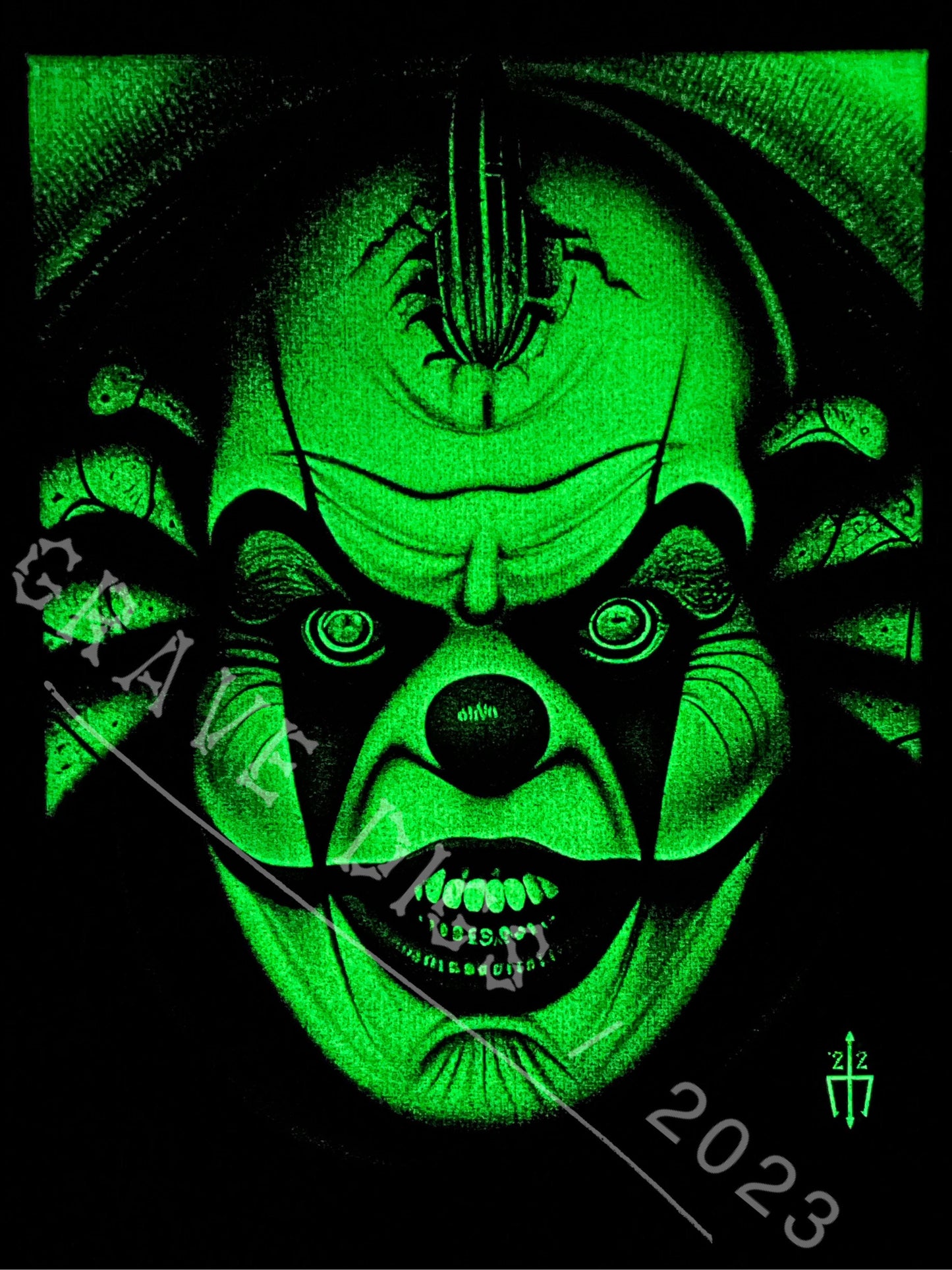 Evil Clown Original Glow In The Dark Canvas Wall Art | Handmade | Gothic Skull Home Decor
