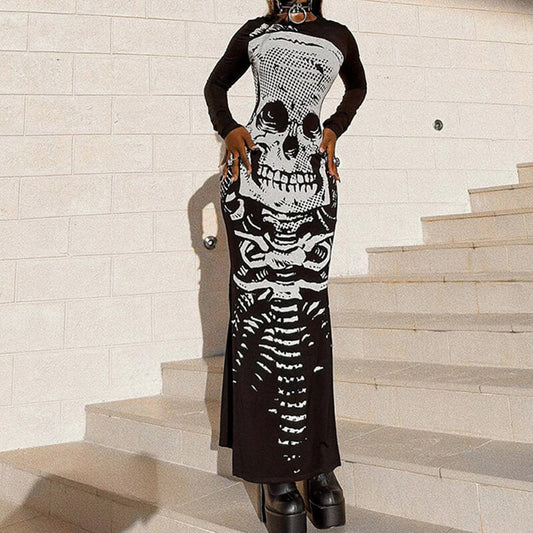 Scary Skeleton Print Polyester Maxi Dress