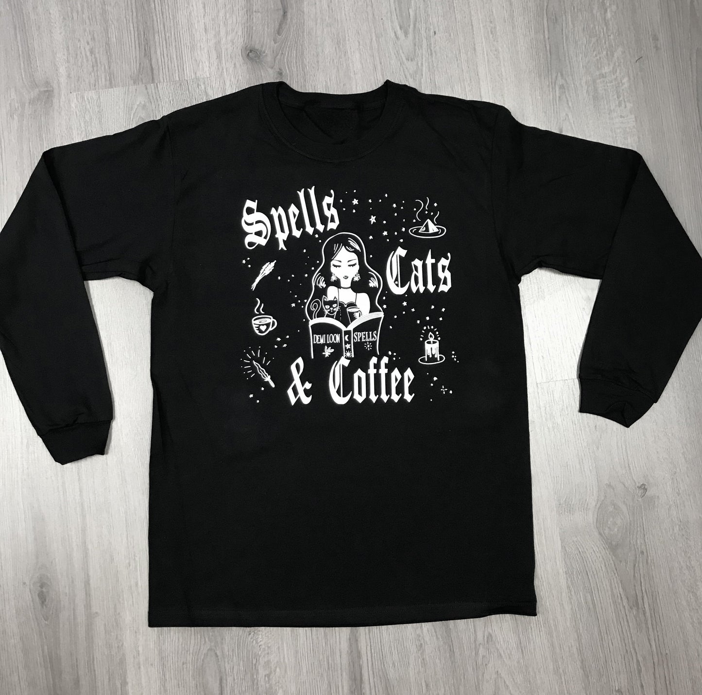 Spells Cats & Coffee Long Sleeve Boyfriend LS Tee- Black