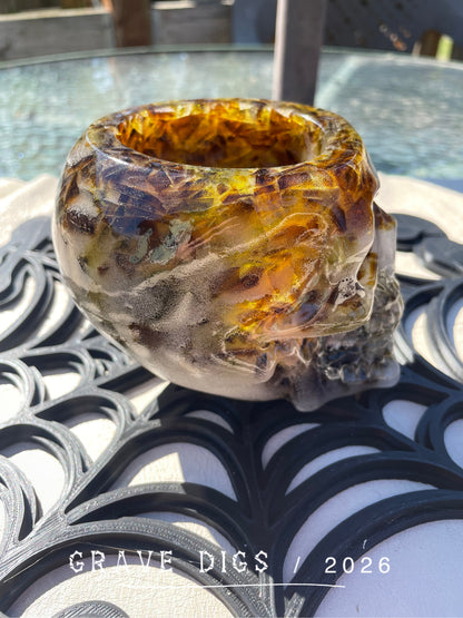 Brown and Green Broken Glass and Epoxy Resin Skull Planter