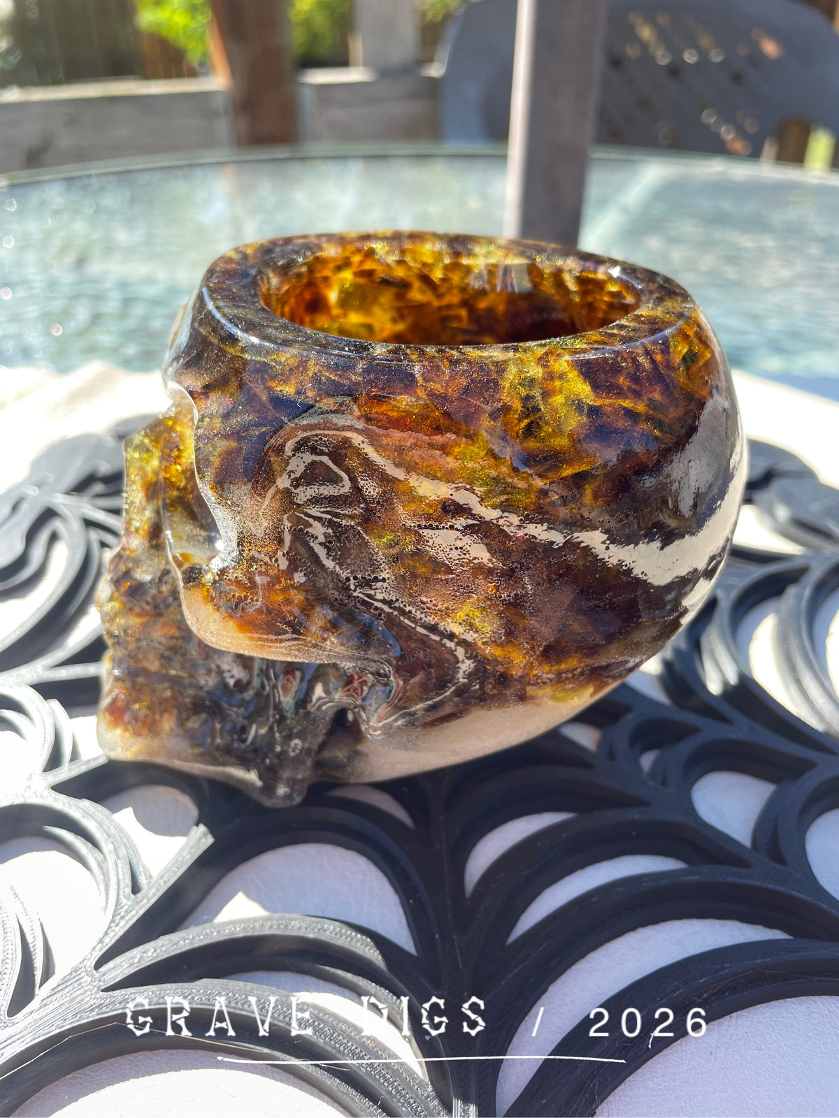 Brown and Green Broken Glass and Epoxy Resin Skull Planter #3